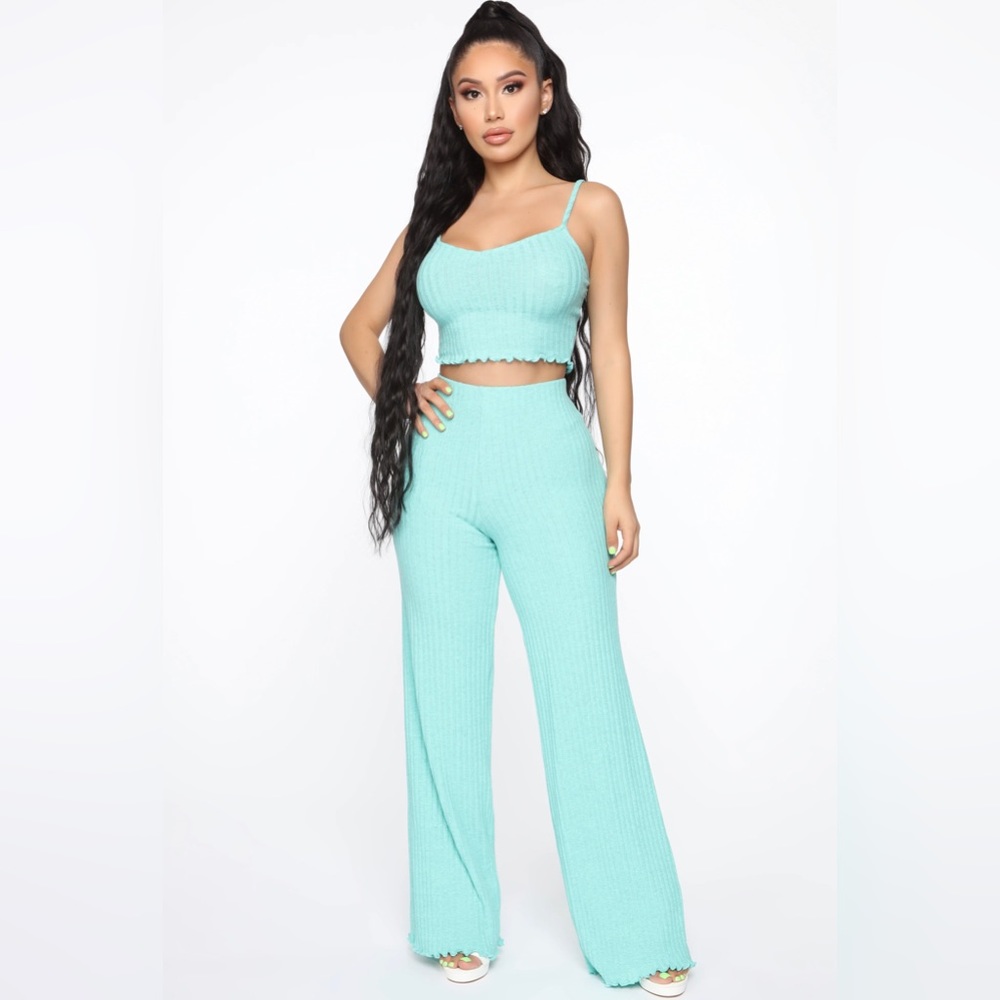 Fashion Nova Mint Ribbed Green Pant Set